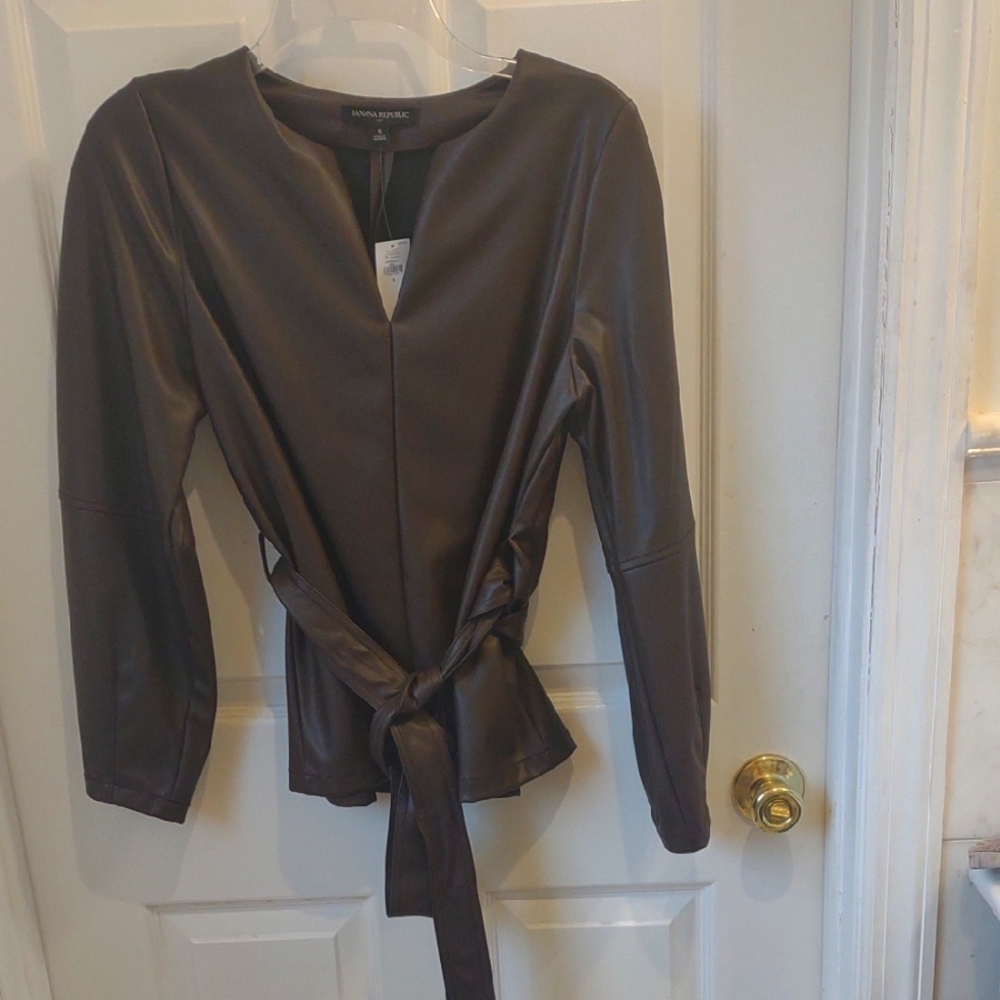 Banana Republic Factory Brown Vegan Leather Belted Long Sleeve Top NWT S